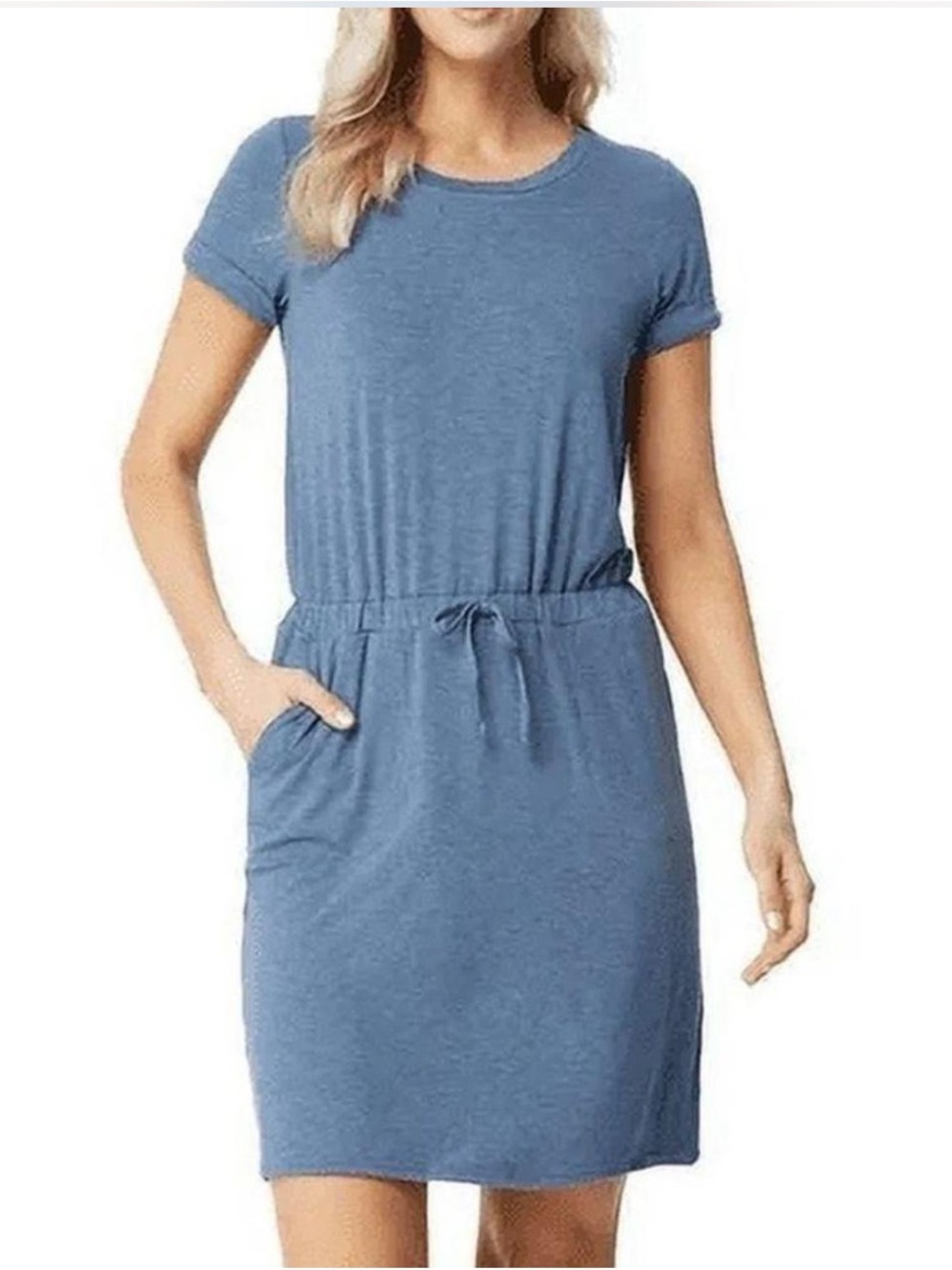 Casual Blue Drawstring Midi Dress - Women's